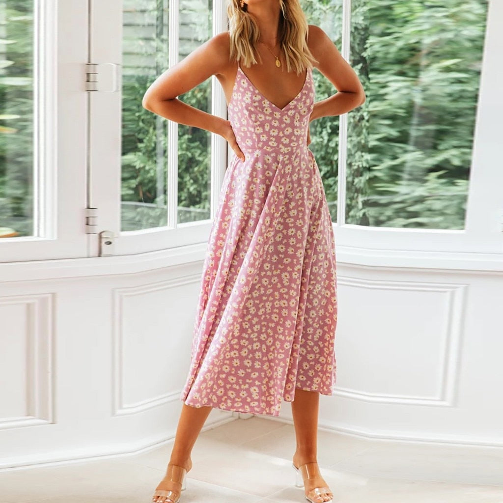 Casual Sleeveless Floral Print Split Ruffle Beach Dress