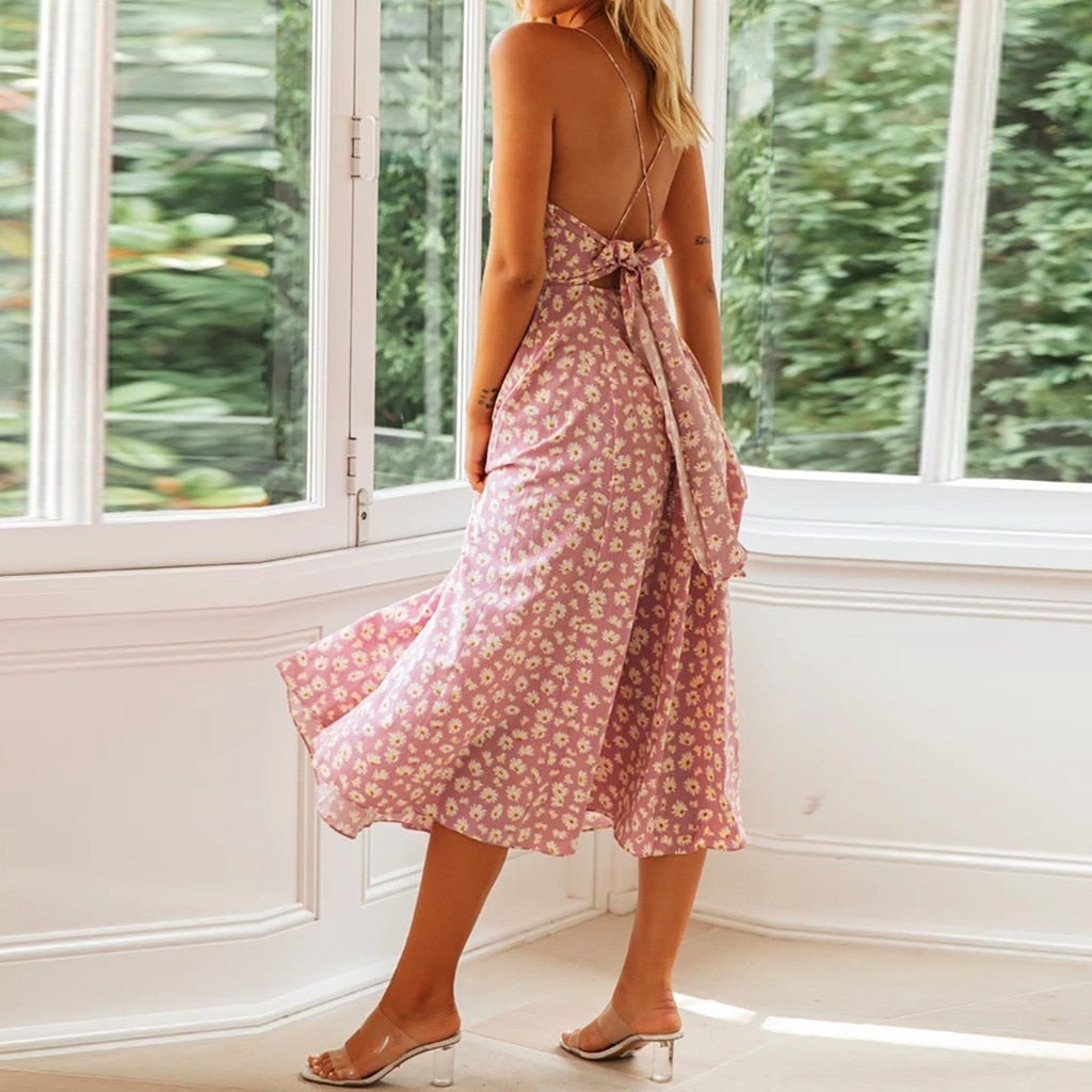 Casual Sleeveless Floral Print Split Ruffle Beach Dress