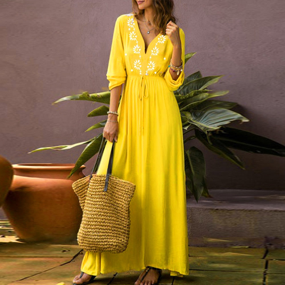 Casual Long Sleeve Printed Holiday Long Maxi Dress