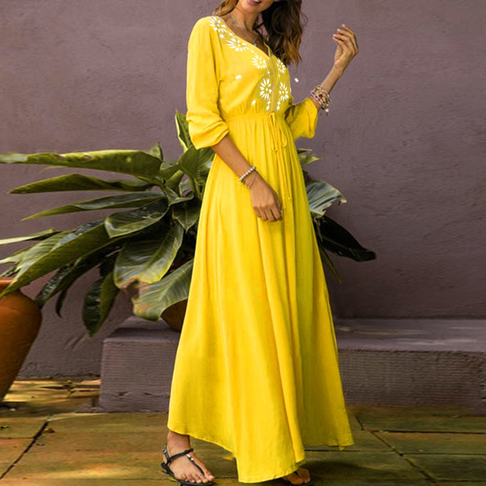 Casual Long Sleeve Printed Holiday Long Maxi Dress