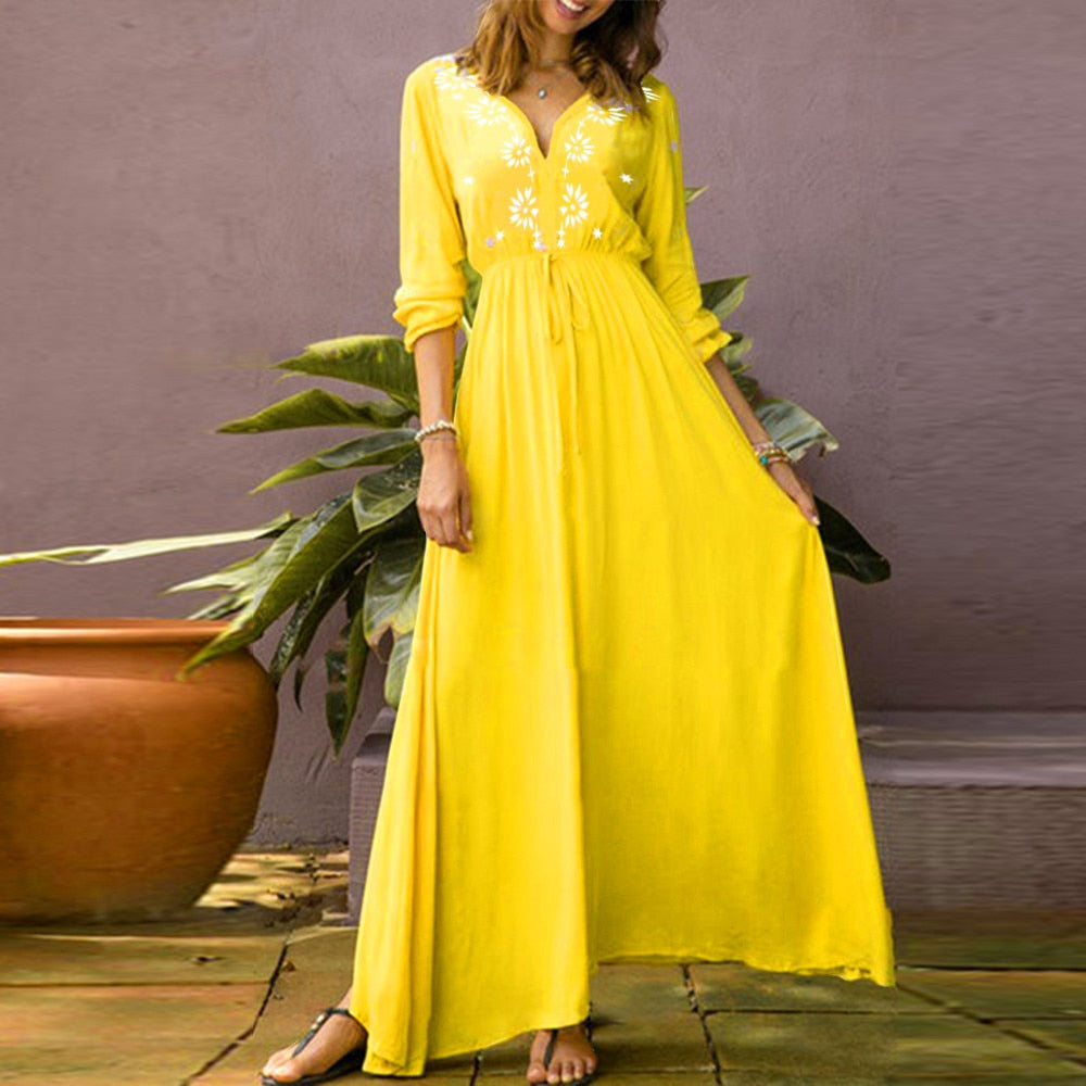 Casual Long Sleeve Printed Holiday Long Maxi Dress