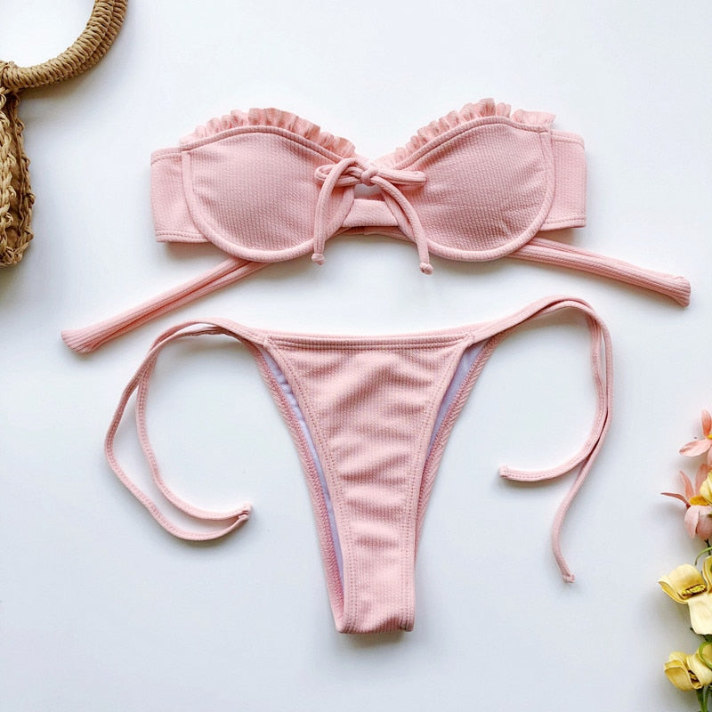 Front Bow Ruffled Lace Up Bathing Suit