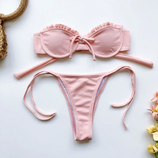 Front Bow Ruffled Lace Up Bathing Suit