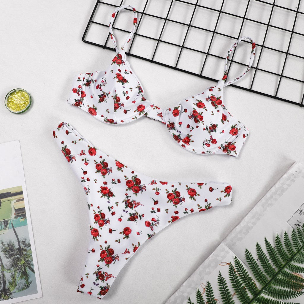 Women Floral Print Bikini Set Push Up Padded Bra Swimsuit