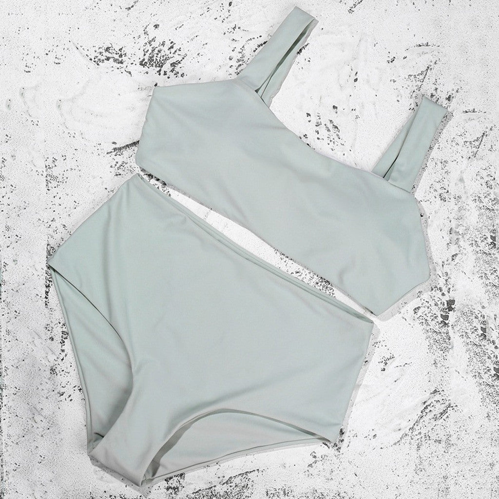 Women Solid High Waist Strap Bikini Set Swimwear