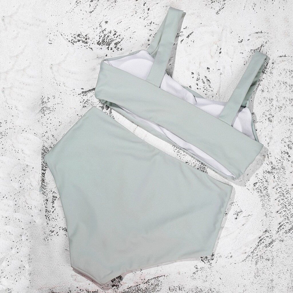 Women Solid High Waist Strap Bikini Set Swimwear