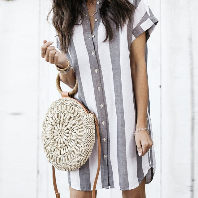 Striped Print Women's Short Sleeve Beach Dress