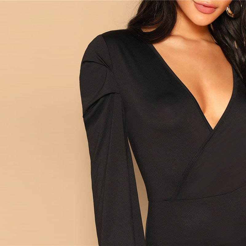 SHEIN Women Black Deep V Neck Slim Fitted Solid Bodysuit Modern Lady Spring Out Going Sexy Lantern Long Sleeve Bodysuits
