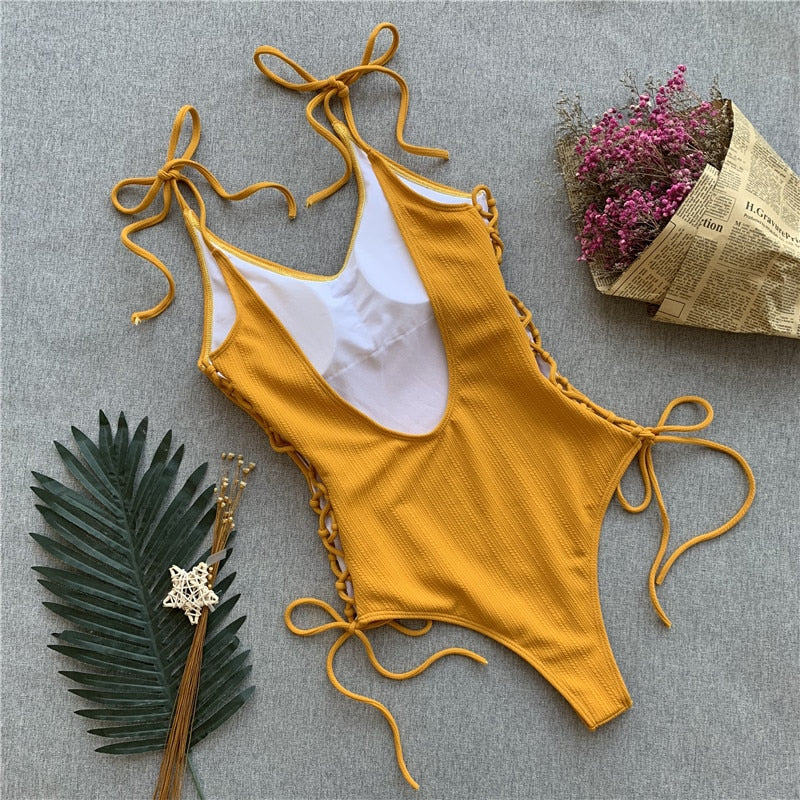 Yellow Lace Up One Piece Swimsuit