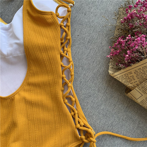 Yellow Lace Up One Piece Swimsuit