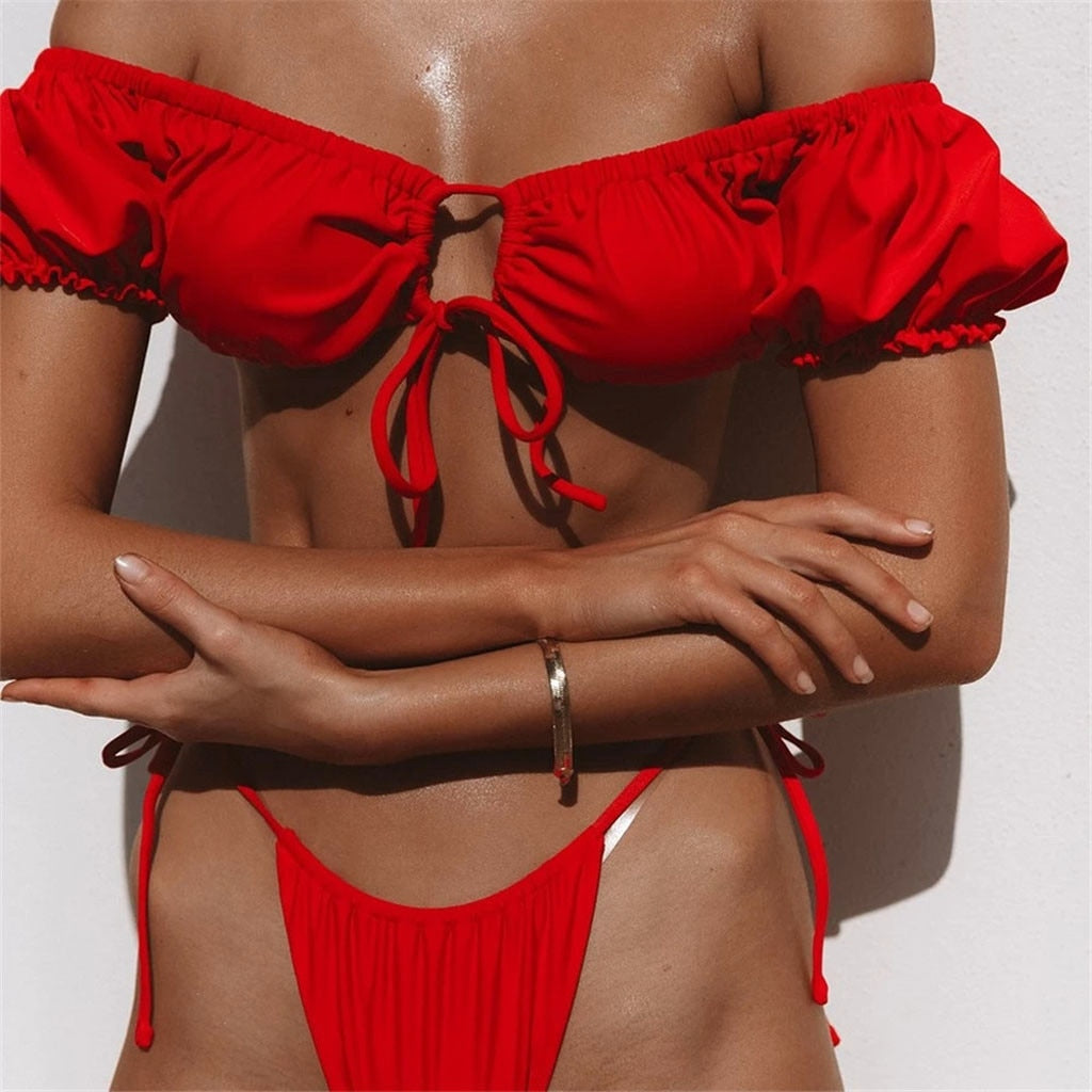 Bandage Solid Short Sleeve Bikini Two-piece Beachwear