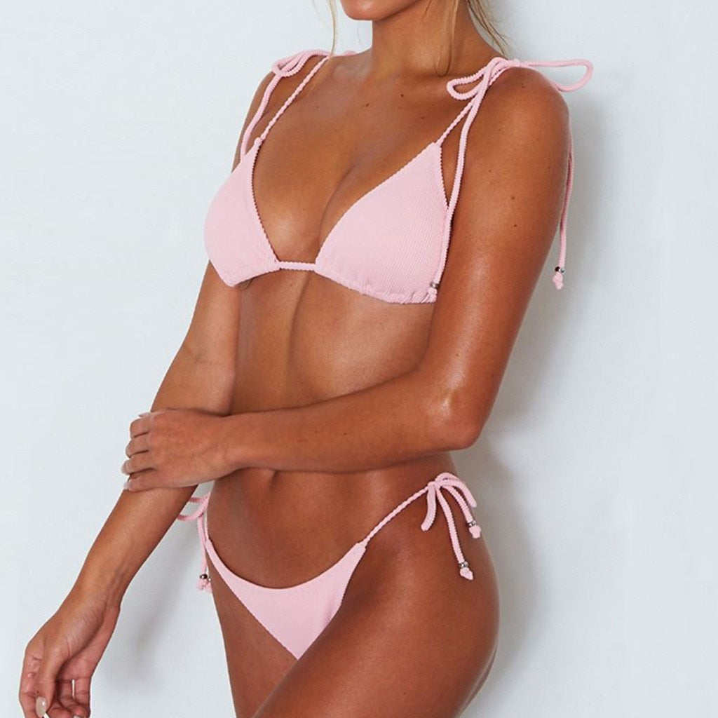 Pink Solid Two Piece Bathing Suit