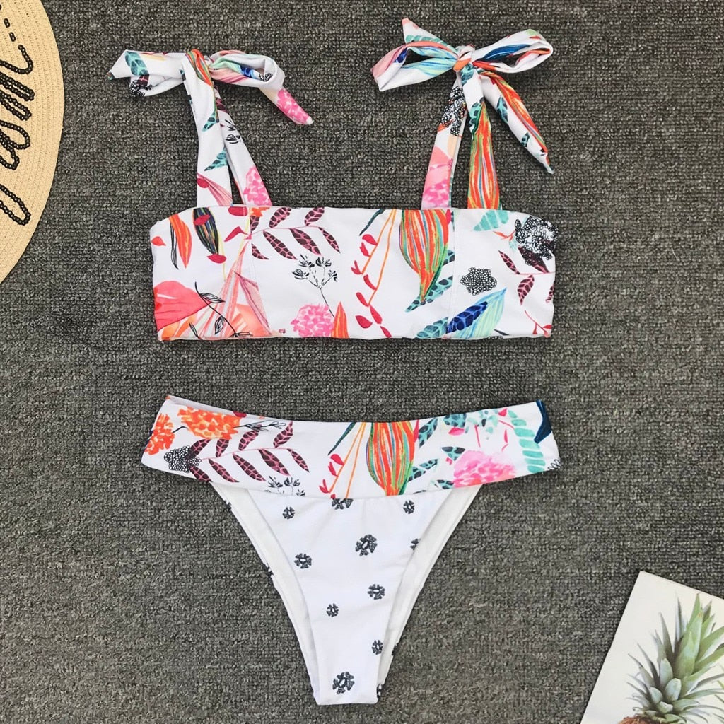 Summer Women Push-Up Padded Bra Printed Triangle Bikini Set