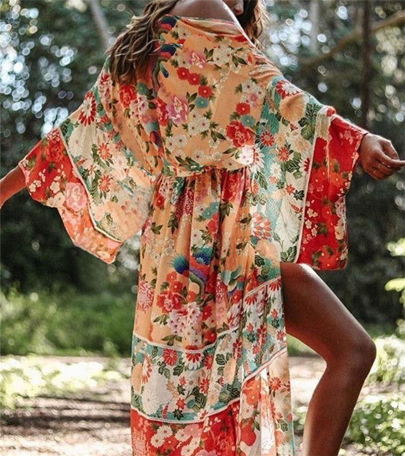 Bohemian Floral Printed Front Open Wrap Dress Chiffon Tunic