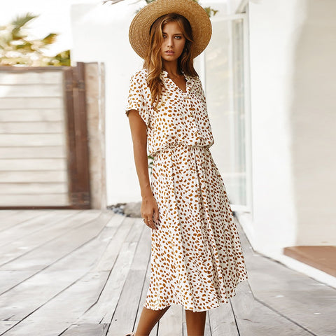 Dots Print Short Sleeve Tunic Vintage Midi Beach Dress