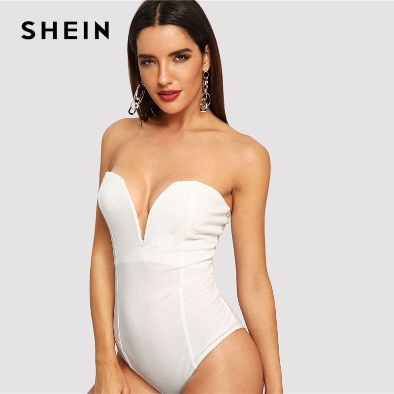 SHEIN Sexy Sweetheart Bustier Bodysuit Sleeveless Backless Plain Rompers With Lining