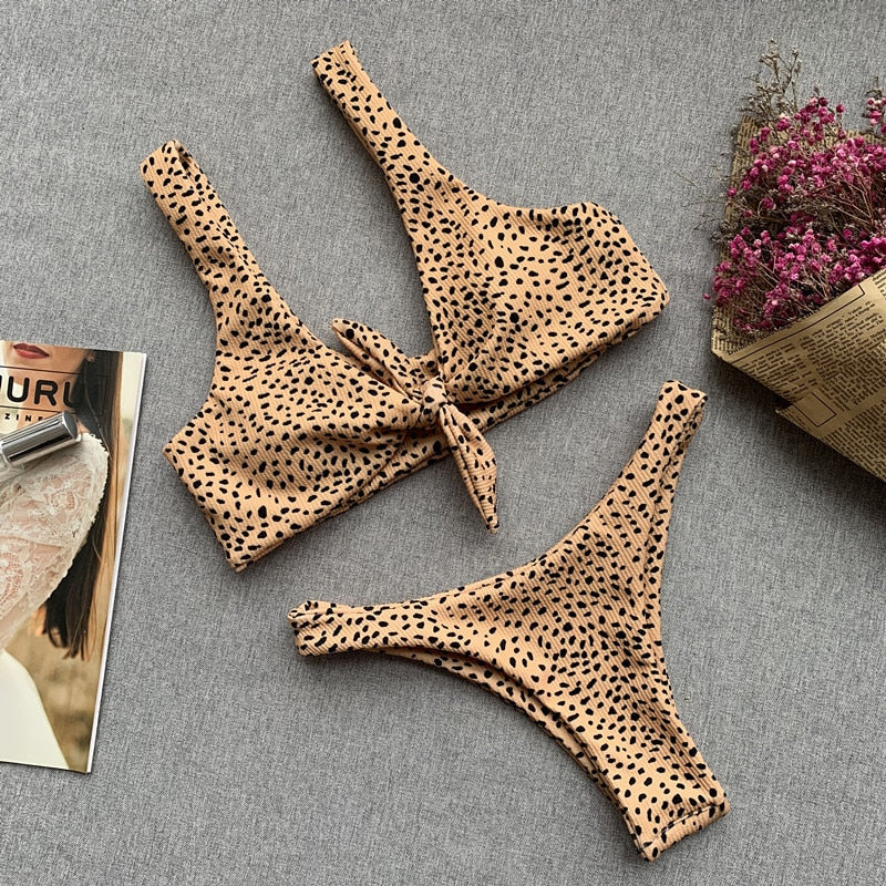 Leopard Bikini Front Tie Push Up Brazilian Padded Bathing Suit