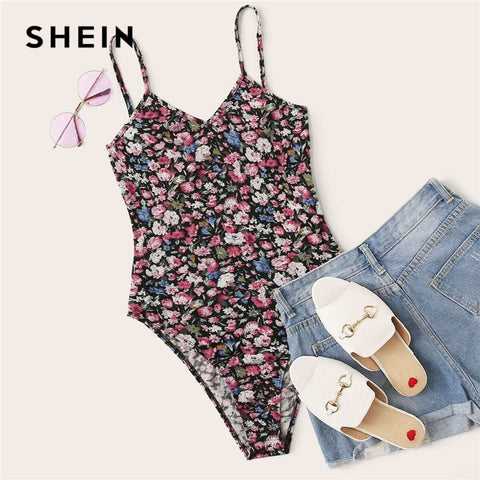 SHEIN Multicolor Floral Print Cami Bodysuit Women 2020 Summer Sleeveless Mid Waist Skinny Ladies Casual Bodysuits