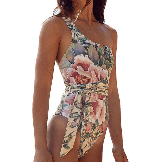 Bandage One shoulder Floral Print Swimsuit