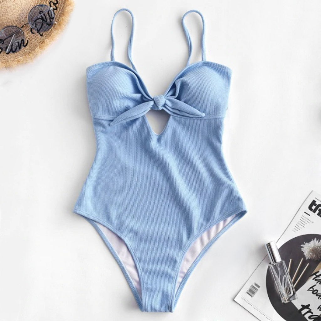 Blue Striped Knot Sling One-Piece Bathing Suit