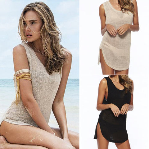Vertvie Mesh Knitted Tunic Beach Dress Crochet Bikini Cover up Swimwear