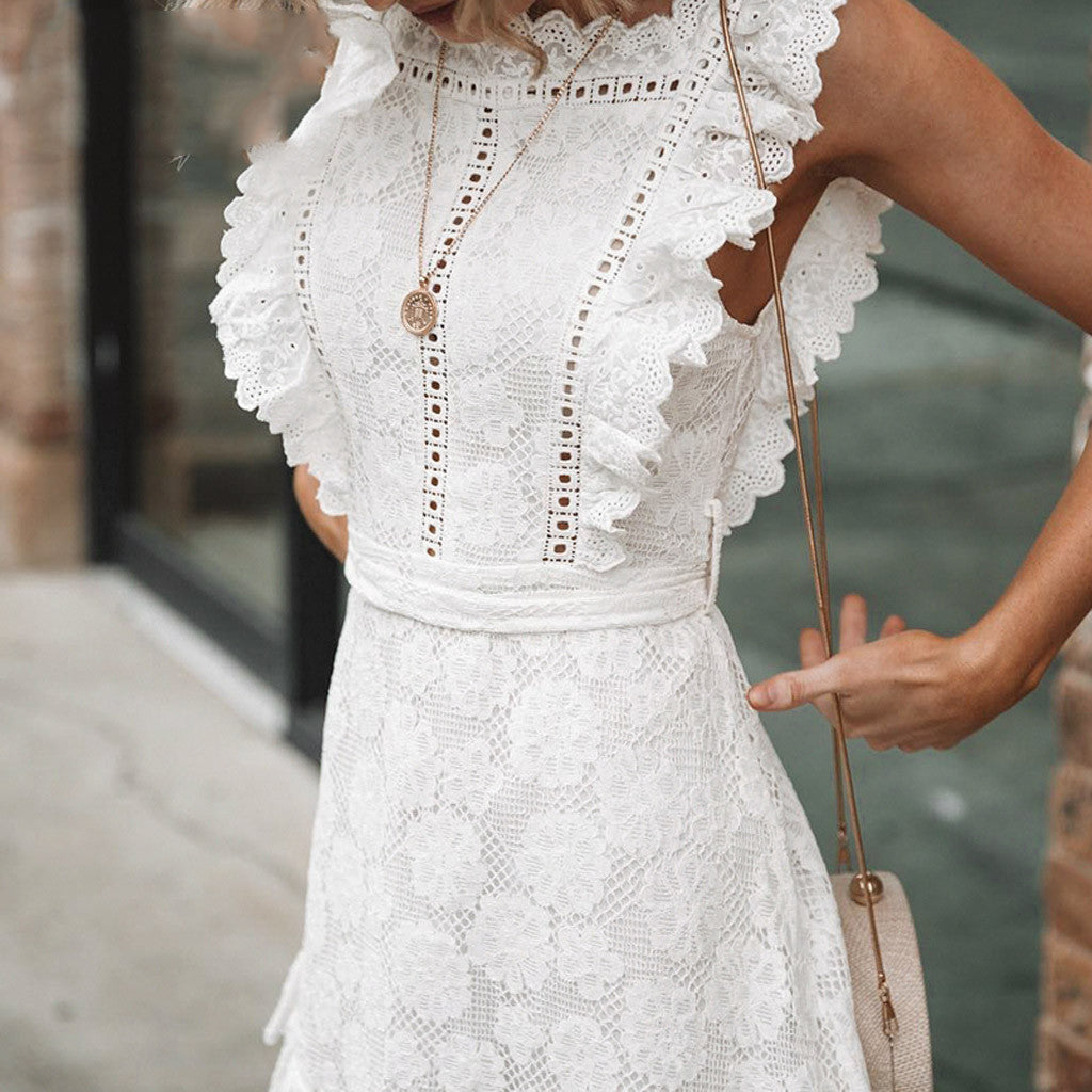 Women's Summer White Lace Ruffles Mini Dress