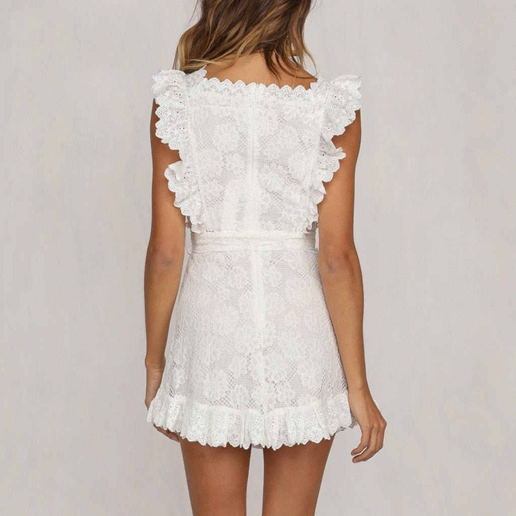 Women's Summer White Lace Ruffles Mini Dress