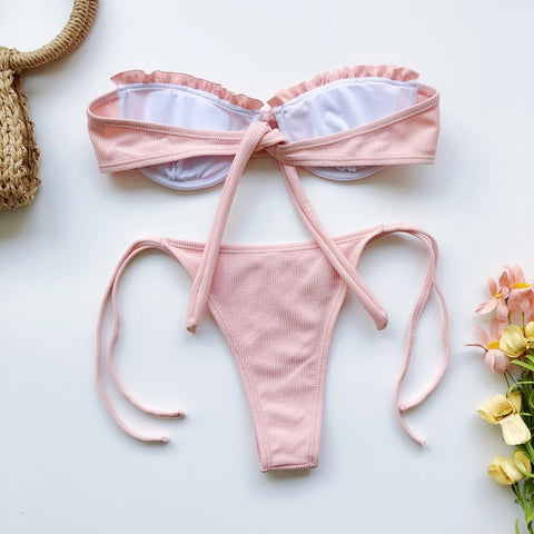 Front Bow Ruffled Lace Up Bathing Suit