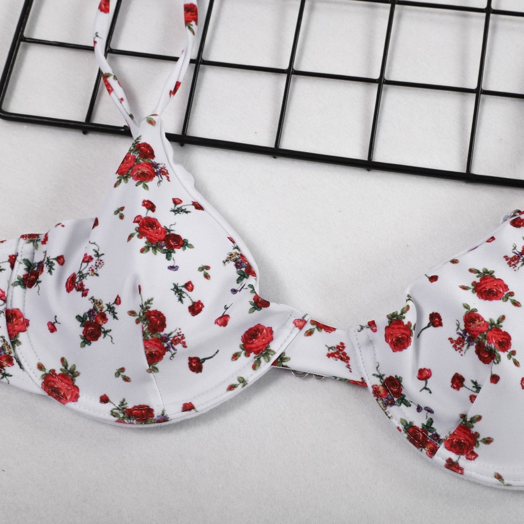 Women Floral Print Bikini Set Push Up Padded Bra Swimsuit