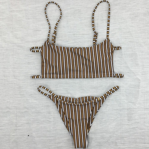 Stripe Printing Bandage Bikini Set Swimsuit